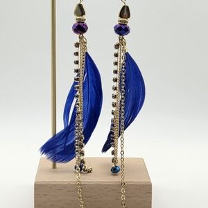 Long Blue Feather And Tiny Rhinestones Earrings with Gold-Toned Chains